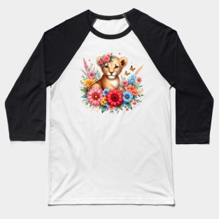 A baby lion decorated with beautiful colorful flowers. Baseball T-Shirt